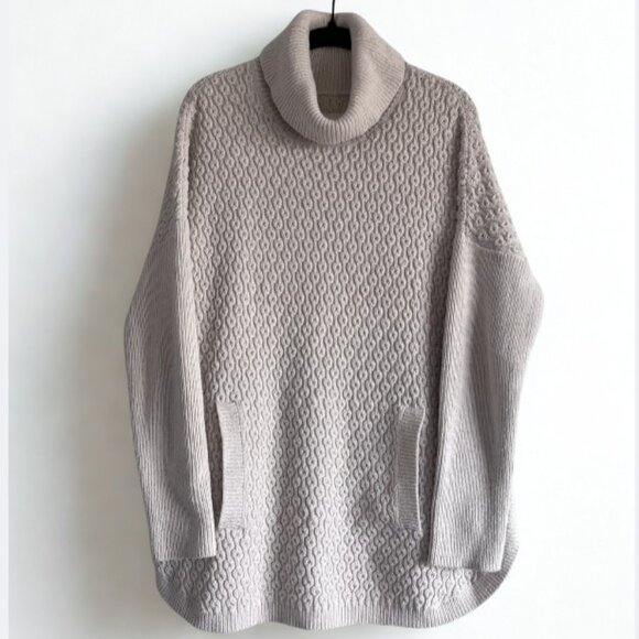 Cozy Oversized Cowl Neck Tunic Sweater Light Tan Heathered Wool Blend Large - Picture 2 of 5